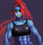  2016 abs black_bra clothed clothing eye_patch eyewear fangs female fish hair long_hair marine muscular muscular_female ponytail red_hair reef simple_background smile solo undertale underwear undyne video_games yellow_eyes 