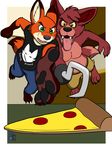  bleuxwolf canine clothed clothing crossover digital_media_(artwork) disney duo five_nights_at_freddy&#039;s food fox foxy_(fnaf) hi_res hook male mammal nick_wilde pecs pizza shirt tongue topless video_games zootopia 