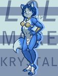  2016 anthro bare_shoulders black_nose canine english_text female fox fur green_eyes hair headband jewelry krystal mammal markings navel necklace nintendo scottytheman short_hair signature smile solo star_fox tailband text toes tribal video_games whiskers white_fur 