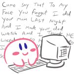  alien blue_eyes blush computer english_text keyboard kirby kirby_(series) low_res male nintendo not_furry smile solo text text_background unknown_artist video_games 