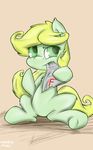  chewing cute fan_character fur green_eyes green_fur macheteponies_(artist) my_little_pony paper simple_background solo 