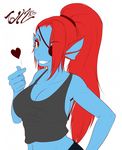  &lt;3 2016 anthro big_breasts blue_skin breasts cleavage clothed clothing crop_top english_text eye_patch eyewear female fin fish hair hi_res long_hair looking_at_viewer marine navel ponytail purple_eyes red_hair shirt signature simple_background smile solo tailzkim teeth text undertale undyne video_games white_background 