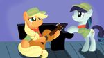  applejack_(mlp) clothing coloratura_(mlp) cub cutie_mark duo earth_pony equine feral freckles friendship_is_magic guitar hair hat horse jbond mammal musical_instrument my_little_pony piano pony smile young 