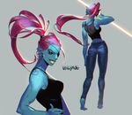  2016 blue_skin clothed clothing eye_patch eyewear female fish grin hair jeans long_hair marine muscular muscular_female pants red_hair shirt simple_background solo tank_top undertale undyne video_games 