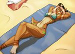  absurd_res anthro beach bikini breasts canine cleavage clothed clothing day female hair hi_res looking_at_viewer lying mammal on_back outside pink_hair pose raella_(character) sand sea seaside solo swimsuit toughset towel water 