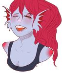  2016 alpha_channel anthro blue_skin breasts cleavage clothed clothing eyes_closed fangs female fish hair kissing-fish long_hair marine open_mouth portrait red_hair simple_background smile solo transparent_background undertale undyne video_games 