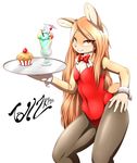  2016 absurd_res anthro bow_tie brown_eyes brown_fur clothed clothing cupcake dessert english_text female flat_chested food fur hand_on_hip hi_res ice_cream kemono lagomorph looking_at_viewer mammal navel pink_nose rabbit signature simple_background smile solo sundae tailzkim teeth text tray white_background white_fur wide_hips 