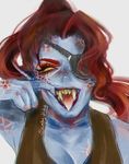  2016 anthro blue_skin bust_portrait clothed clothing eye_patch eyewear fangs female fish hair hi_res long_hair marine open_mouth pointy_tongue portrait red_hair scathy-kitty shirt solo tank_top undertale undyne video_games yellow_eyes 