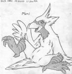  absurd_res anthro avian barefoot beak cardinal cub digitigrade english_text feathered_wings feathers featureless_crotch front_view greyscale hi_res looking_at_viewer male mimi_mackenzy mizzyam monochrome nude one_leg_up pencil_(artwork) signature sitting smile solo spread_legs spreading text traditional_media_(artwork) waving winged_arms wings young 