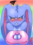  2016 anthro big_breasts blue_fur blush breasts cat_keyhole_bra cat_lingerie cleavage clothed clothing female fur lagomorph long_ears mammal monkeyxflash navel nipples queen_nila rabbit solo unamused yellow_eyes 