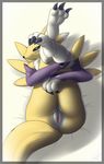  2016 anthro anus arm_warmers butt canine claws digimon facial_tattoo feet female foot_focus fox fur hi_res legs_up lying mammal nude presenting presenting_hindquarters pussy renamon skipsy solo yellow_fur 