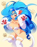  2016 animal_humanoid ashiji blue_eyes blue_hair breasts clothed clothing darkstalkers digital_media_(artwork) felicia_(darkstalkers) female hair human humanoid mammal one_eye_closed open_mouth simple_background skimpy solo standing video_games wink 