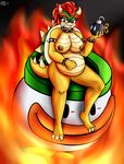  2016 big_breasts bob-omb bowser breasts claws crossgender female hair hi_res horn koopa mario_bros nintendo nipples novaspark nude pussy reptile scalie slightly_chubby smile solo teeth turtle_shell video_games 