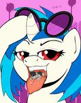  2016 absurd_res duo earth_pony equine eyewear female friendship_is_magic hair half-closed_eyes hi_res horn horse kyokimute looking_at_viewer macro mammal micro multicolored_hair my_little_pony octavia_(mlp) open_mouth piercing pony red_eyes teeth tongue tongue_out tongue_piercing two_tone_hair unicorn vinyl_scratch_(mlp) vore 