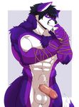  abs anthro balls biceps black_hair black_nose blue_eyes canine chest_tuft claws erection fox fur hair hi_res humanoid_penis hybrid looking_at_viewer male mammal muscular navel nude pecs penis purple_fur purple_hair shyloc simple_background sollyz solo standing string tuft vein veiny_penis white_fur wolf 