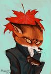  anthro boggartowl canine clothing fox leaf mammal simple_background solo 