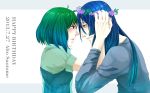  1boy 1girl 6y_u_th0 ahoge alternate_costume alternate_hairstyle bangs blue_hair character_name couple dated eye_contact eyelashes from_side green_hair hair_down hand_holding happy_birthday head_wreath hetero long_hair looking_at_another macross macross_frontier ranka_lee red_eyes saotome_alto short_hair smile 