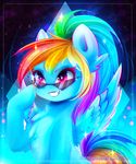  2016 blue_feathers blue_fur equine eyewear feathers female feral friendship_is_magic fur hair hi_res hooves koveliana long_hair mammal multicolored_hair my_little_pony pegasus pink_eyes rainbow_dash_(mlp) rainbow_hair smile solo sunglasses teeth wings 