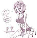  alcohol alien beverage breasts cleavage clothed clothing english_text female food lips monochrome multi_eye navel not_furry samurai_jack solo squid-apple text 