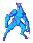 alien barazoku bastet blue_skin hi_res male muscular nude signature simple_background solo standing white_background 