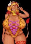  2016 animal_print big_breasts bovine breasts clothing corruption_of_champions excellia_(coc) female hi_res huge_breasts mammal mature_female minotaur porin solo swimsuit 