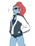  2015 blue_skin clothed clothing eye_patch eyewear female fish hair jacket kkhoppang long_hair looking_at_viewer marine one-piece_swimsuit red_hair simple_background solo standing swimsuit undertale undyne video_games 