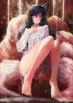  ahri animal_humanoid big_breasts black_hair bow breasts butt canine clothed clothing dripping facial_markings feet female fox goomrrat hair humanoid league_of_legends mammal markings multi_tail partially_clothed solo toes video_games water wet wide_hips 