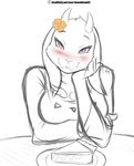  2016 anthro blush boss_monster breasts caprine clothed clothing crossed_arms doomthewolf english_text female flower flower_on_head food goat hi_res looking_at_viewer mammal monster pie plant purple_eyes robe simple_background sketch smile solo text toriel undertale video_games white_background 