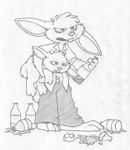  absurd_res age_difference alcohol baggy_eyes barefoot beverage bottle buckteeth clothing cub duo food front_view greyscale hi_res lagomorph lifted male mammal maxy mizzyam monochrome nauseous open_mouth pants pencil_(artwork) rabbit shirt size_difference standing teeth traditional_media_(artwork) young 