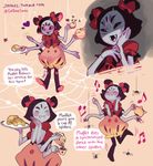  arachnid arthropod black_sclera blush english_text eyes_closed fangs female hair_bow hair_ribbon joodlez_(artist) looking_at_viewer muffet multi_eye multi_limb pigtails red_eyes ribbons solo spider text undertale video_games 