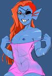  bare_shoulders blue_skin breasts clothed clothing colored eye_patch eyewear fangs female fish flat_chested gummypron hair long_hair marine nipple_piercing nipples piercing red_hair scar small_breasts solo undertale undressing undyne video_games 