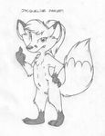  absurd_res annoyed anthro barefoot canine cub female fox front_view greyscale hand_on_hip hi_res jacqueline_parvati looking_at_viewer mammal middle_finger mizzyam monochrome nipples nude pencil_(artwork) ponytail pussy simple_background solo standing traditional_media_(artwork) white_background young 