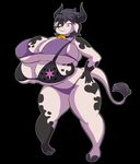  2016 absurd_res anthro bell big_breasts black_hair bovine breasts cattle cleavage clothed clothing collar female goblinhordestudios hair hi_res hooves horn huge_breasts looking_down mammal multi_breast nails panties pink_eyes purple_hair short_hair smile solo standing thick_thighs under_boob underwear voluptuous wide_hips 