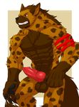  abs animal_genitalia animal_penis anthro balls biceps big_muscles big_penis black_nose brown_fur canine_penis claws erection fangs fur hi_res hyena knot male mammal muscular navel nude pecs penis red_eyes simple_background sollyz solo spots teeth vein 