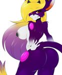  big_breasts big_butt blonde_hair breasts butt canine dauxycheeks female fur hair huge_breasts huge_butt looking_back mammal purple_fur purple_hair rear_view red_eyes seductive slapping_butt smile solo voluptuous wide_hips 