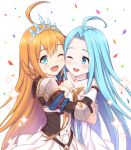  2girls ;d ahoge bangs blue_eyes blue_hair blush breasts choker cleavage collarbone commentary_request confetti crossover dress eyebrows_visible_through_hair gloves granblue_fantasy hair_between_eyes highres hug light_brown_hair long_hair lyria_(granblue_fantasy) medium_breasts multiple_girls one_eye_closed open_mouth parted_bangs pauldrons pecorine princess_connect! princess_connect!_re:dive puffy_short_sleeves puffy_sleeves short_sleeves simple_background skirt smile sparkle tiara tomo_(user_hes4085) very_long_hair white_background white_choker white_dress white_gloves white_skirt 