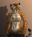  2016 abs anthro bandage breasts cleavage clothed clothing feline female fur heresy_(artist) hi_res kung_fu_panda mammal master_tigress muscular muscular_female navel orange_eyes orange_fur shadow simple_background solo striped_fur stripes tiger underwear undressing white_fur wide_hips yellow_sclera 