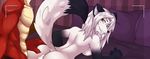  anthro anus bed breasts butt canine dragon duo faceless_male fangs female from_behind_position fur half-closed_eyes hi_res inside looking_back lying male male/female mammal nude on_front pillow sex smile teeth wolf xaenyth 