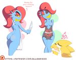  alphys anthro apron bluebreed blush breasts butt clothing dialogue duo english_text eye_patch eyewear female hair knife lizard looking_back monster nipples nude red_hair reptile scalie text undertale undyne video_games 