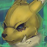  abstract_background ambiguous_gender black_nose black_sclera blue_eyes canine digimon facial_markings fox frown fur headshot_portrait hi_res looking_at_viewer male mammal markings portrait purple_markings renamon simple_background solo white_fur yellow_fur zeitzbach 