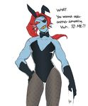  blue_skin bow_tie breasts bunny_costume cleavage clothed clothing english_text eye_patch eyewear fangs female fish hair hi_res kkhoppang long_hair marine muscular muscular_female red_hair scar simple_background solo standing teddy_(clothing) text undertale undyne video_games 