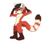  anthro barefoot cute_fangs dipstick_tail featureless_crotch headgear male mammal mostly_nude multicolored_tail one_eye_closed red_panda solo standing whiteleo 