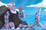  anthro armor breasts clothed clothing cloud female fish hi_res hybrid lizard looking_at_viewer marine outside partially_submerged purple_eyes reptile scalie shark sky slit_pupils smile solo spread_legs spreading swimsuit water watermark xaenyth 