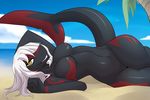  anthro beach breasts featureless_breasts featureless_crotch female fish half-closed_eyes hi_res looking_at_viewer lying marine navel nude on_side outside seaside shark slit_pupils smile solo teeth wide_hips xaenyth 