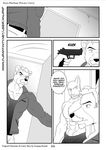  2014 anthro anupap bear beard big_muscles black_nose bruno_rheinbear canine clothing coat comic dog duo english_text facial_hair feline gun handgun male mammal monochrome muscular nude pistol ranged_weapon shirt text violence weapon 