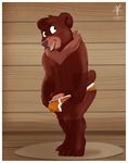  2016 aaron_(artist) anthro anthrofied barefoot barely_contained bear border briefs brother_bear clothed clothing cub erection hi_res koda male mammal penis penis_base signature solo tenting topless underwear young 