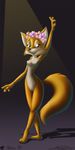  2013 anthro blue_eyes breasts canine claws disney featureless_breasts female flower fox maid_marian mammal mcdutt navel nude plant pussy raised_arm robin_hood_(disney) simple_background smile solo toe_claws 