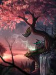  2015 absurd_res amazing_background ambiguous_gender avian banner bell bird cloud detailed_background duo forest glowing glowing_eyes hi_res landscape leaf leaves looking_at_viewer mammal melee_weapon nature outside owl polearm rock signature sky smoke spear star sun sunset tree water waterfall weapon yakovlev-vad 