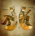  abstract_background anthro blue_eyes brothers canine clothed clothing duo fiddle fingerless_gloves fox gloves guitar hi_res male mammal musical_instrument musician purple_eyes sibling tatujapa 