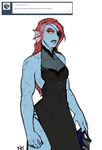  blue_skin clothed clothing eye_patch eyewear female fish hair hi_res kkhoppang long_hair marine muscular muscular_female red_hair scar simple_background solo standing undertale undyne video_games white_background yellow_eyes 
